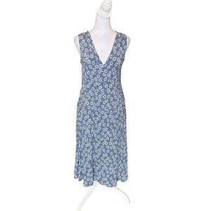 LL Bean Summer Knit Sleeveless Dress Knee Length V Neck Blue Floral Womens Small